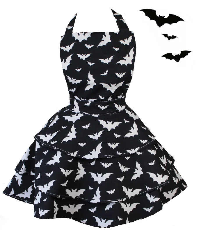 Bombshell Batty Womens Rara Bat Apron. Retro Pin Up Black Apron. Goth Witchy Baking. Halloween Kitchen Homeware.