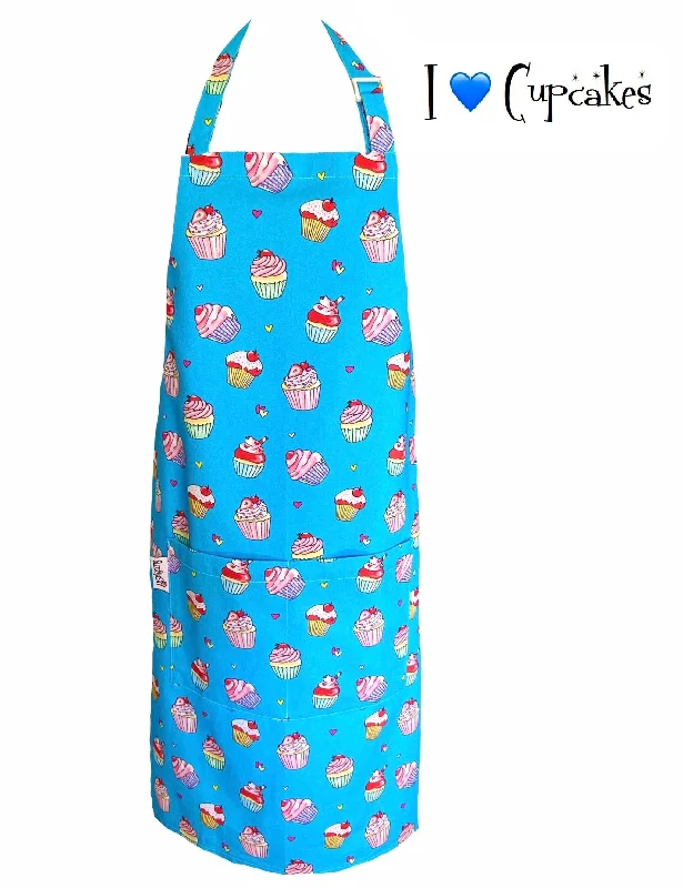 I Love Cupcakes Unisex Apron. Vibrant Blue Cupcake Print. Classic Unisex Adult Apron