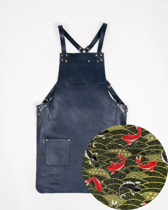 Navy Leather Apron - Green Koi Fish