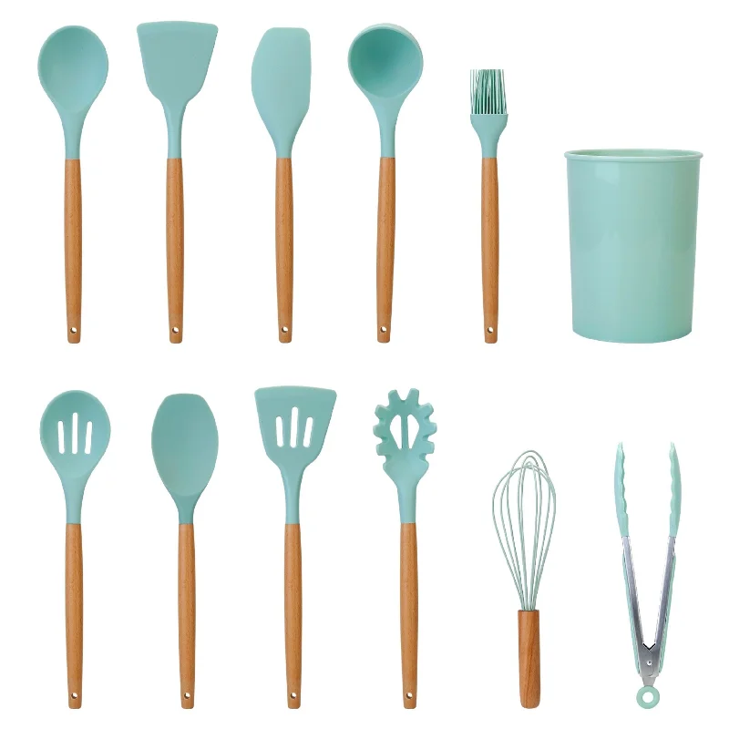 11-Piece Silicone Cooking Utensil Set with Wooden Handles