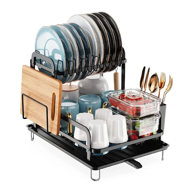 2-Tier Kitchen Dish Drying Rack with Detachable Drainboard