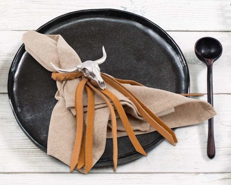 Leather Bolo Napkin Ring with Longhorn Skull