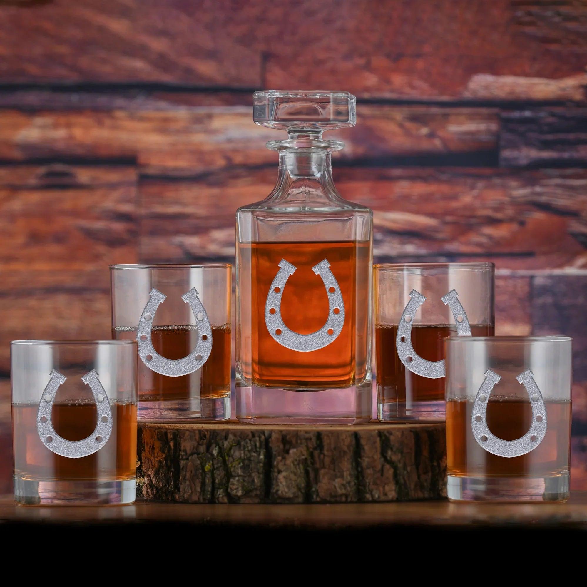 Sand Carved Horseshoe Whiskey Decanter Set