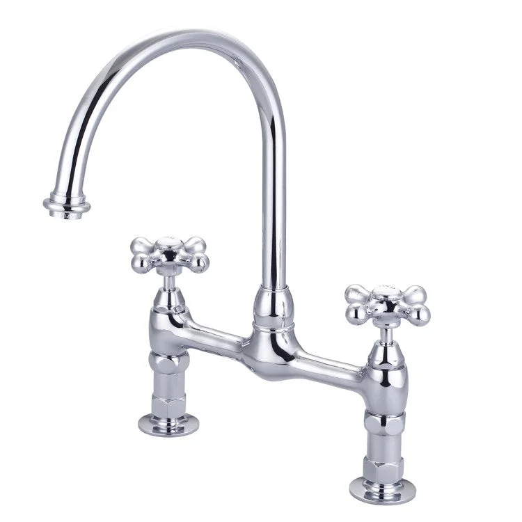 Kitchen Faucet Harding Bridge 2 Metal Cross with Porcelain Buttons Polished Chrome Gooseneck Swivel Spout