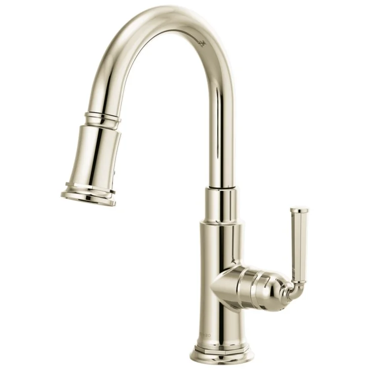 Prep Faucet Rook 1 Lever ADA Brilliance Polished Nickel Pull Down 2 Function Aerated Stream or Spray 360 Degree Swivel