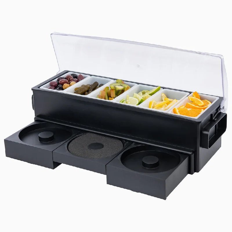 Browne Bar Station Condiment Holder with 3 Tier Salt Rimmer & 6 Compartments, 20" x 7" x 6"