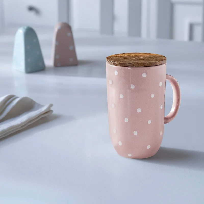 ceramic mug tall polka dots w/wdn lid blush