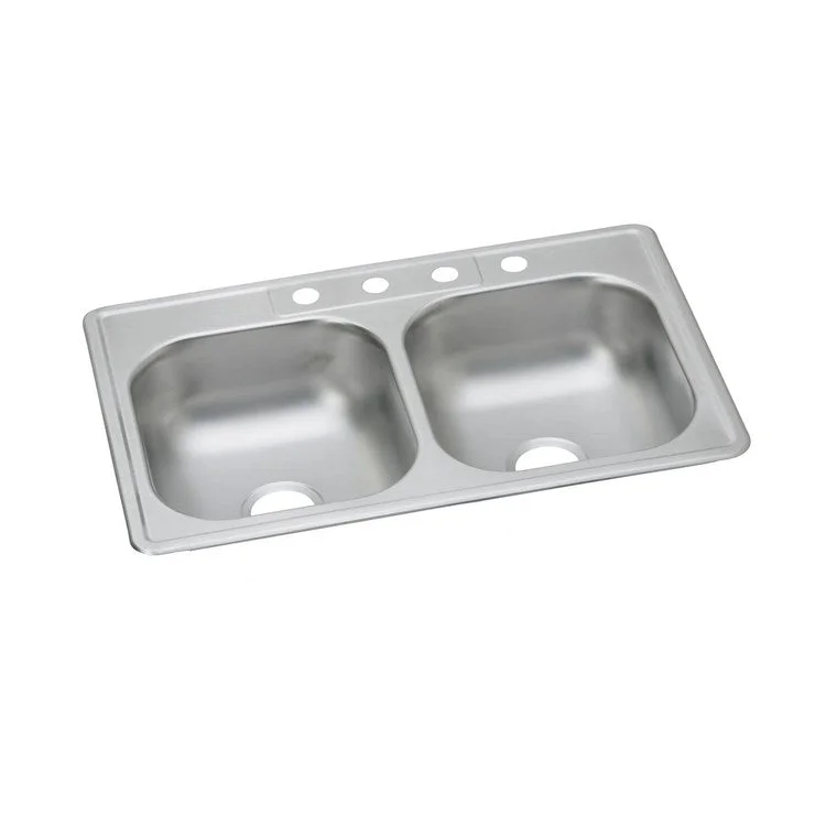 Kitchen Sink Dayton 33 x 22 Inch Double Bowl Equal 1 Hole Satin Top Mount Drain Location Center Multiple of 50 Bottom Only Spray