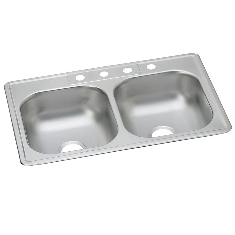 Kitchen Sink Dayton 33 x 22 Inch Double Bowl Equal 5 Hole Satin Top Mount Drain Location Center Bottom Only Spray