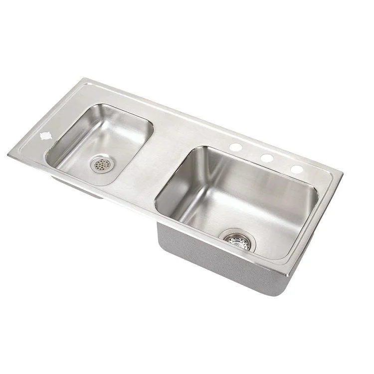 Classroom Sink Lustertone 37.25 x 17 Inch Double Bowl ADA Left 4 Hole Lustrous Satin Drop-In Minimum Cabinet Size 42 Inch 5 Inch 18 Gauge Bottom Only Pads Mounting Hardware Included for Countertops Up to 3/4IN