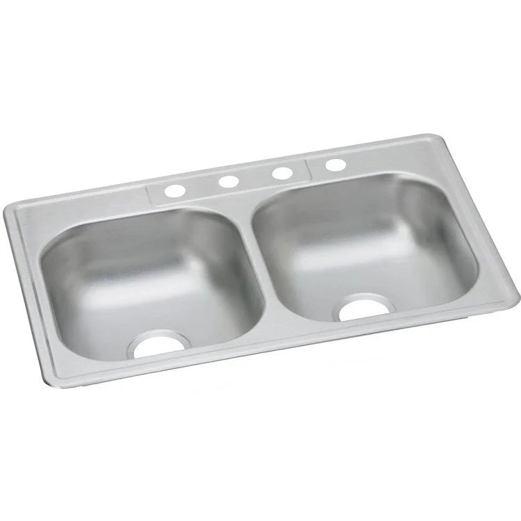 Kitchen Sink Dayton 33 x 22 Inch Double Bowl 3 Hole ADA Satin Drop-In Rectangle Drain Location Center Depth 6-4/7 Inch Multiple of 10 Bottom Only Pads