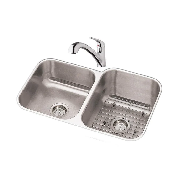 Sink Kit Dayton Offset 31.75 x 20.5 Inch Double Bowl Radiant Satin Faucet Bottom Grid Two Drains