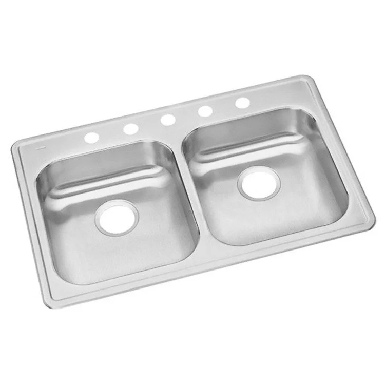 Kitchen Sink Dayton 33 x 21.25 Inch Double Bowl Equal 5 Hole ADA Satin Top Mount Rectangle Drain Location Rear Center Depth 5-3/8 Inch Bottom Only Pads