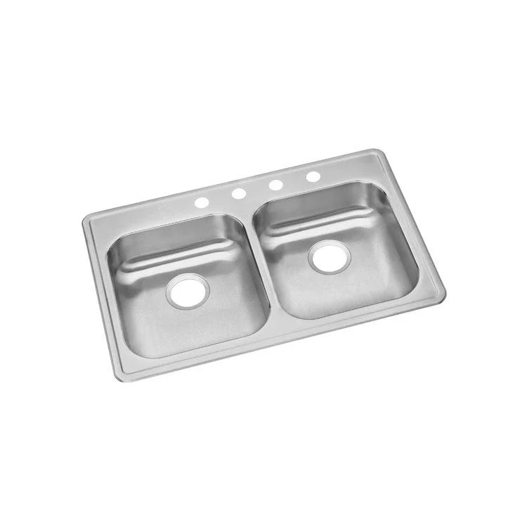 Kitchen Sink Dayton 33 x 22 Inch Double Bowl Equal 5 Hole ADA Satin Drop-In Rectangle Drain Location Rear Center Depth 5-3/8 Inch Bottom Only Pads