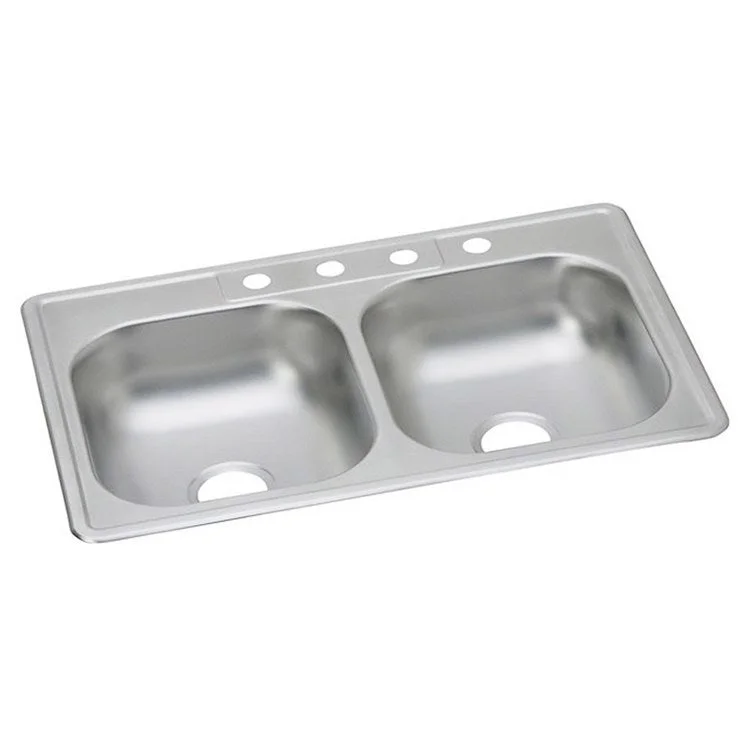 Kitchen Sink Dayton 33 x 22 Inch Double Bowl Equal 4 Hole ADA Satin Drop-In Rectangle Drain Location Center Depth 6 Inch Multiple of 10 Bottom Only Pads