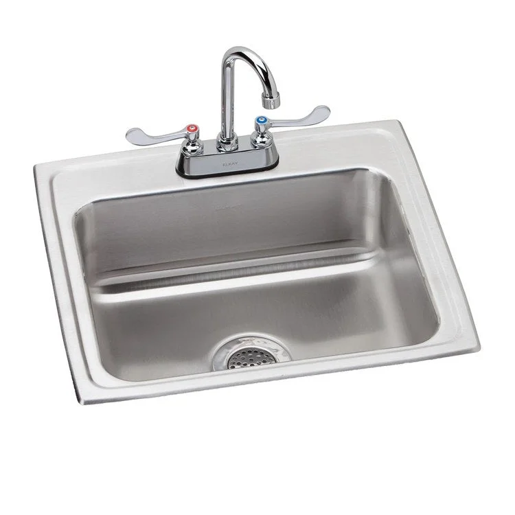 Kitchen Sink Lustertone Classic 22 x 19.5 Inch Single Bowl Kit with Faucet Lustrous Satin Drop-In Stainless Steel Drain Location Center Bottom Only Pads