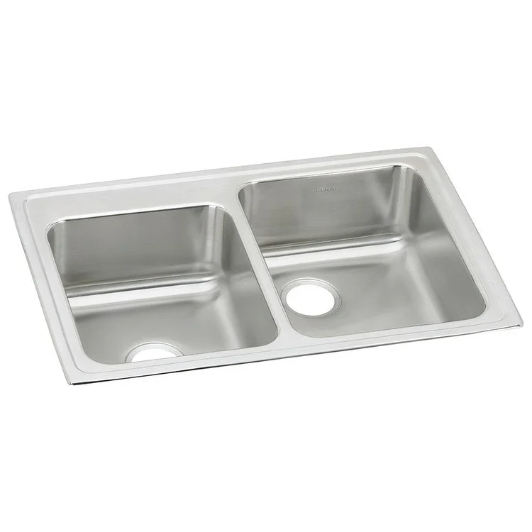 Kitchen Sink Lustertone Classic 33 x 22 Inch Double Bowl Offset Lustrous Satin Drop-In Stainless Steel Drain Location Center Rear Drain Location Center Sides and Bottom Pads