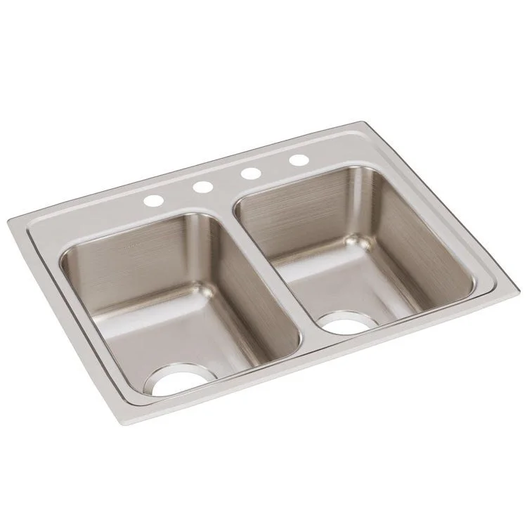 Kitchen Sink Lustertone Classic 25 x 19.5 Inch Double Bowl Equal 4 Hole Lustrous Satin Drop-In Stainless Steel Drain Location Center Bottom Only Pads