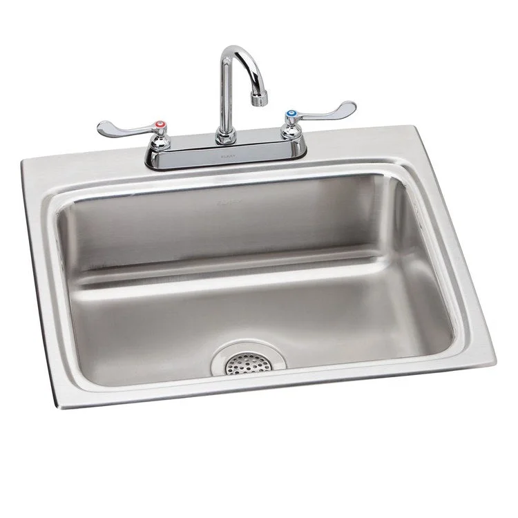 Kitchen Sink Lustertone Classic 25 x 22 Inch Single Bowl Kit with Faucet Lustrous Highlighted Satin Top Mount Stainless Steel Drain Location Center Sound Guard