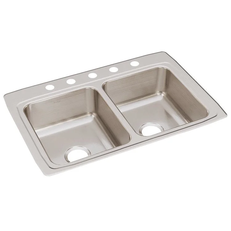 Kitchen Sink Lustertone Classic 33 x 22 Inch Double Bowl Equal 5 Hole Lustrous Satin Drop-In Stainless Steel Drain Location Center Sides and Bottom Pads