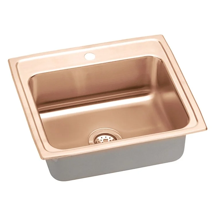 Kitchen Sink 22 x 19.5 Inch Single Bowl 1 Hole ADA Copper Drop-In Rectangle Drain Location Rear Center Depth 5-1/2 Inch Full Spray Sides and Bottom