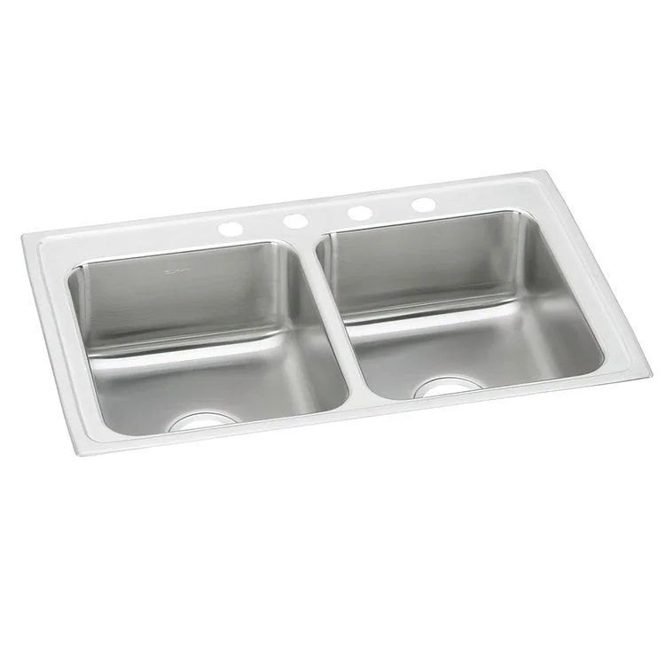 Kitchen Sink Lustertone Classic 29 x 18 Inch Double Bowl Equal ADA Lustrous Satin Drop-In Rectangle Drain Location Center Depth 6-1/2 Inch Bottom Only Pads