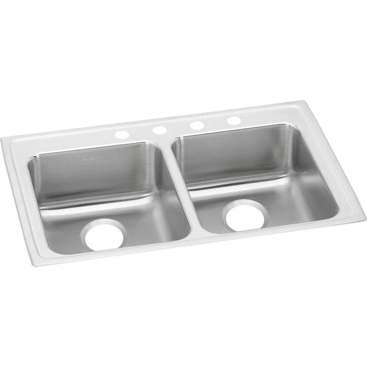 Kitchen Sink Lustertone Classic 33 x 19.5 Inch Double Bowl Equal 4 Hole ADA Lustrous Satin Drop-In Rectangle Drain Location Rear Center Depth 6 Inch Bottom Only Pads