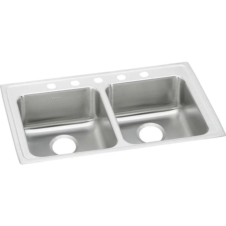 Kitchen Sink Lustertone Classic 33 x 19.5 Inch Double Bowl Equal 5 Hole ADA Lustrous Satin Drop-In Rectangle Drain Location Rear Center Depth 6-1/2 Inch Bottom Only Pads