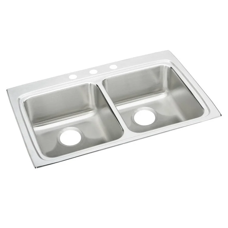 Kitchen Sink Lustertone Classic 33 x 22 Inch Double Bowl Equal 3 Hole ADA Lustrous Satin Drop-In Rectangle Drain Location Rear Center Depth 5 Inch Bottom Only Pads