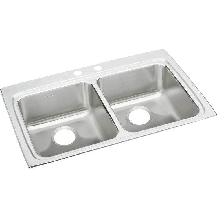 Kitchen Sink Lustertone Classic 33 x 22 Inch Double Bowl Equal 2 Hole ADA Lustrous Satin Drop-In Rectangle Drain Location Rear Center Depth 6-1/2 Inch Bottom Only Pads