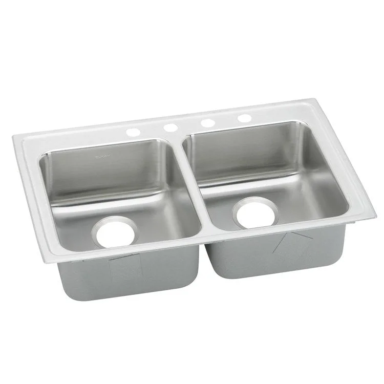 Kitchen Sink Lustertone Classic 33 x 19.5 Inch Double Bowl Equal 3 Hole ADA Lustrous Satin Drop-In Rectangle Drain Location Rear Center Depth 5 Inch Quick Clip Mounting System Bottom Only Pads