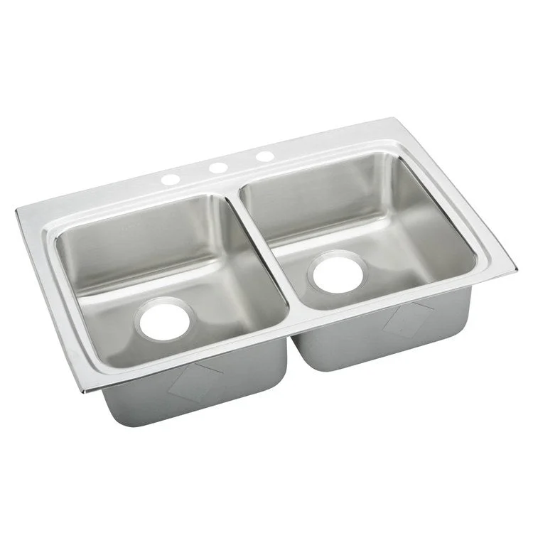 Kitchen Sink Lustertone Classic 33 x 22 Inch Double Bowl Equal MR2 Hole ADA Lustrous Satin Drop-In Rectangle Drain Location Rear Center Depth 5-1/2 Inch Quick Clip Mounting System Bottom Only Pads