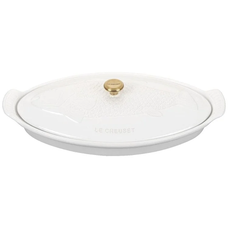 1.7-Quart Fish Baker with Gold Knob - White