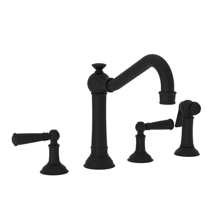 Kitchen Faucet Jacobean Widespread 8 Inch Spread 2 Lever ADA Flat Black Sidespray Spout Height 6 Inch 1.8 Gallons per Minute