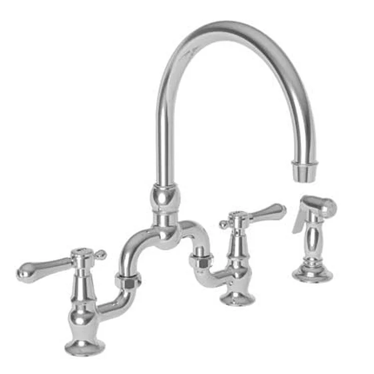 Kitchen Faucet Chesterfield Bridge 8 Inch Spread 2 Lever ADA Antique Copper Pull Out Sidespray Spout Height 9 Inch Spout Reach 7-1/8 to 9 Inch 1.8 Gallons per Minute