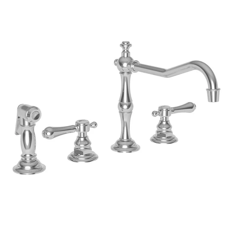 Kitchen Faucet Chesterfield 8 to 20 Inch Spread 2 Lever ADA Aged Brass Pull Out Sidespray Spout Height 5-5/9 Inch Spout Reach 9-1/2 Inch 1.8 Gallons per Minute