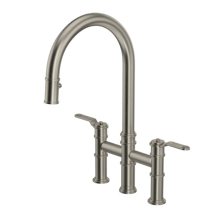 Kitchen Faucet Armstrong 8 Inch Spread 2 Lever Satin Nickel Bridge Pull Down C-Spout 1.75 Gallons per Minute