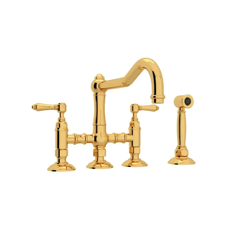 Kitchen Faucet Acqui with Sidespray 2 Metal Lever Italian Brass Column Spout Three Leg Bridge 9-17/32 Inch 1.5 Gallons per Minute