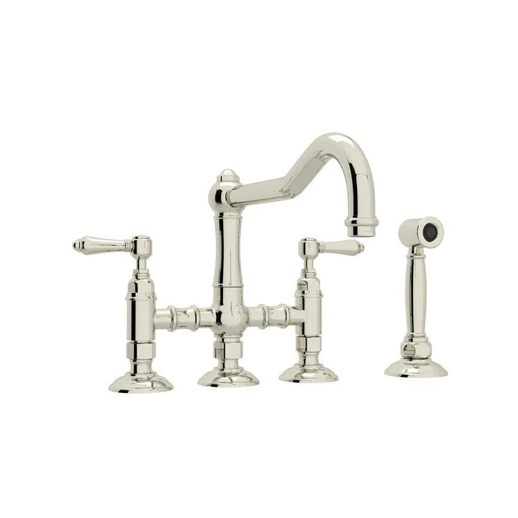 Kitchen Faucet Acqui with Sidespray 2 Metal Lever Polished Nickel Column Spout Three Leg Bridge 9-17/32 Inch 1.5 Gallons per Minute