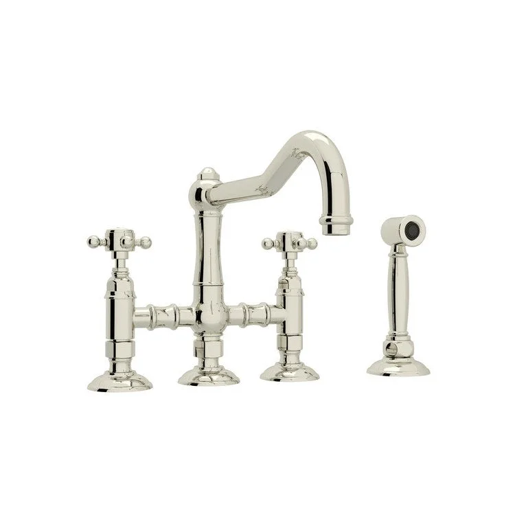 Kitchen Faucet Acqui with Sidespray 2 Cross Handle Polished Nickel Column Spout Three Leg Bridge 9-17/32 Inch 1.5 Gallons per Minute