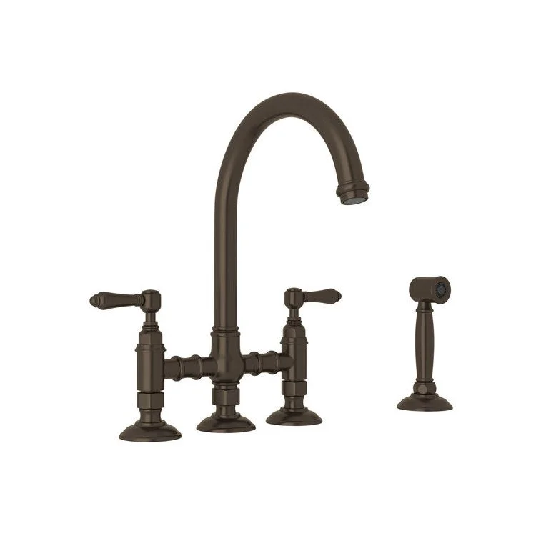 Kitchen Faucet San Julio with Sidespray 2 Metal Lever Tuscan Brass Column Spout Three Leg Bridge 1.5 Gallons per Minute