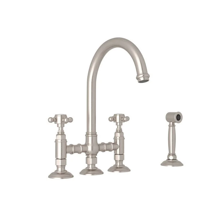 Kitchen Faucet San Julio with Sidespray 2 Cross Handle Satin Nickel Column Spout Three Leg Bridge 1.5 Gallons per Minute