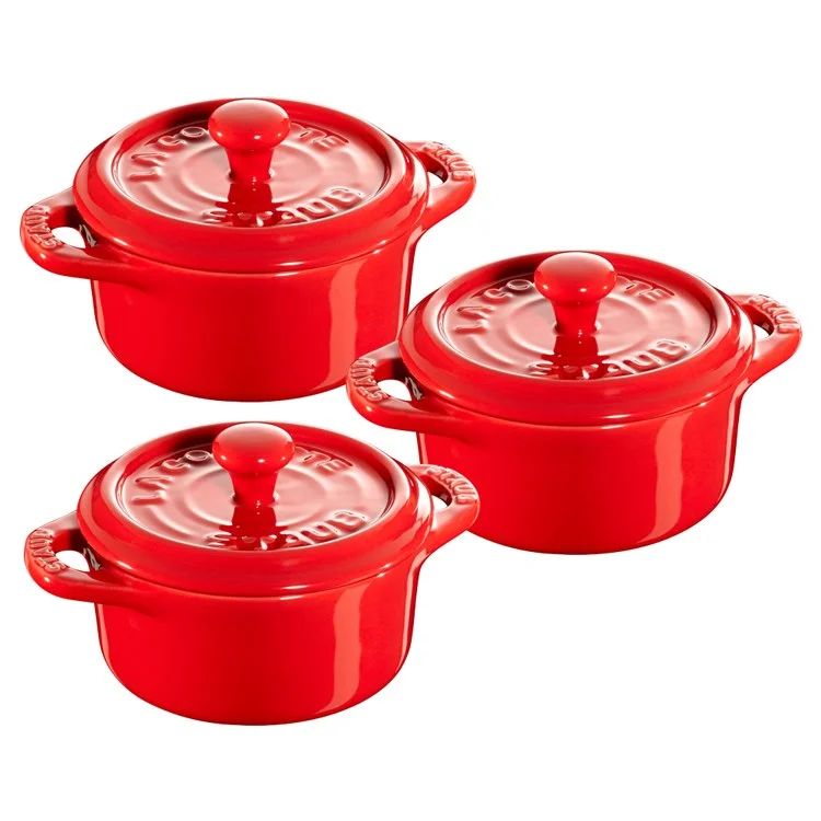 Three-Piece Ceramic Mini Round Cocotte Set - Cherry