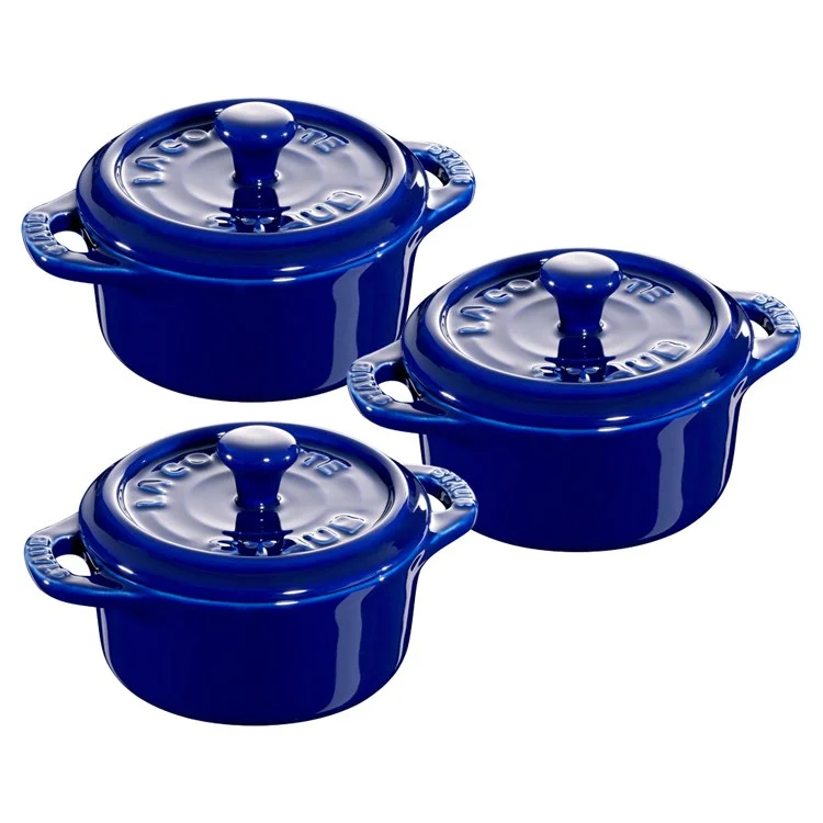 Three-Piece Ceramic Mini Round Cocotte Set - Dark Blue