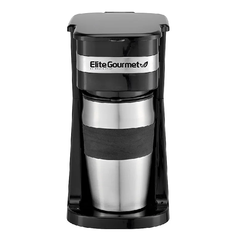 Elite Gourmet Single Serve Personal Coffee Maker with Stainless Steel Travel Mug Black