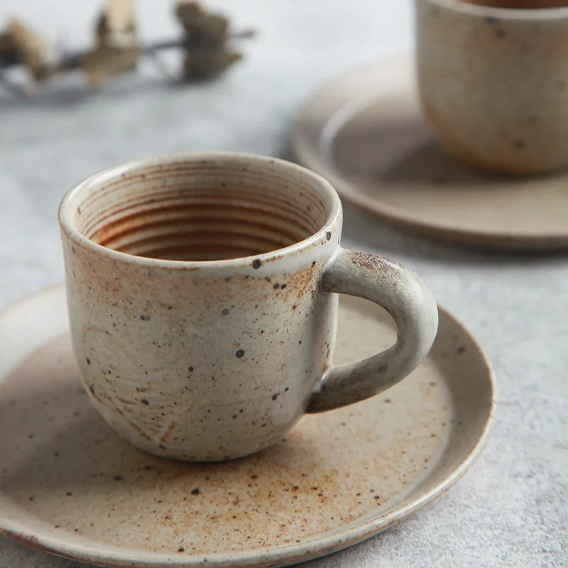 Rustic Ceramic Coffee Mug & Saucer Set